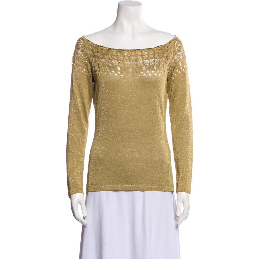 Etro Metallic Gold Lurex Knit Boat Neck Eyelet Italian Boho Chic Sweater Size 48
